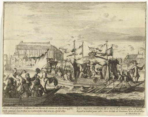 William III and Mary II Sail in the Royal Barge from Whitehall to Westminster Abbey, 1689