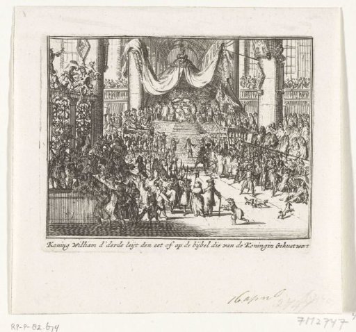 William III takes the oath during the coronation, 1689
