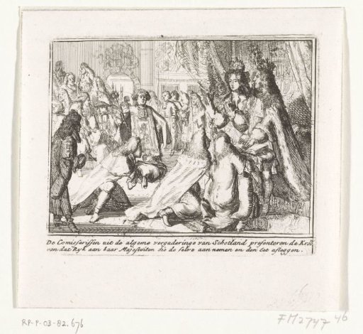 King William III and Queen Mary receive the crown of Scotland and take the oath, 1689