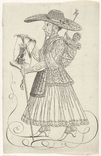Calligraphy of a woman with a child and windmills, ca. 1720