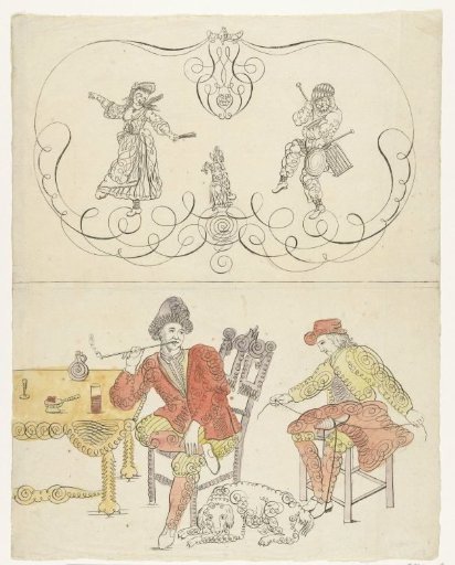 Scrollwork Figures of Dancers with a Puppy and a Smoker and a Shoeshiner, ca. 1700