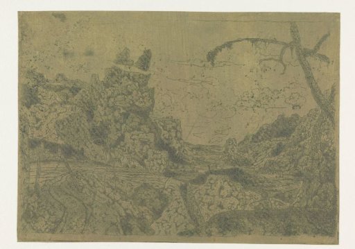 Mountain Valley, at the Right a Man Carrying a Stick