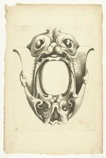 Cartouche with a mask at the top and bottom