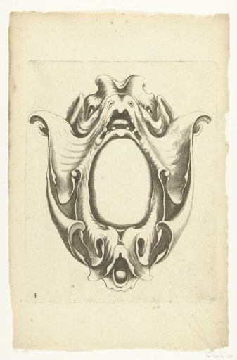 Cartouche with a mask with an open mouth