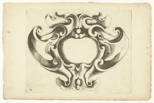 Cartouche with a mask at the bottom and top