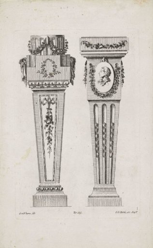Two pedestals with laurel wreath and medallion