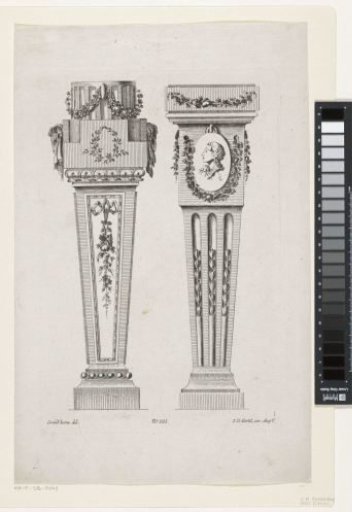 Two pedestals with laurel wreath and medallion