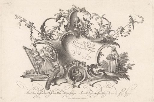 Cartouche with four musicians and a monkey