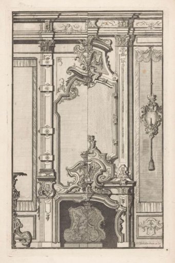 Chimney piece, table and wall sconce