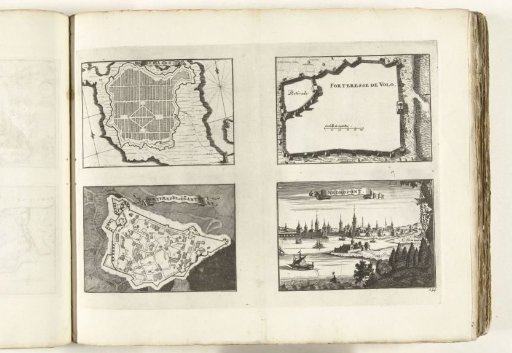 Maps and view of the forts of Asso, Vólos, Zante and Negropont, ca. 1702