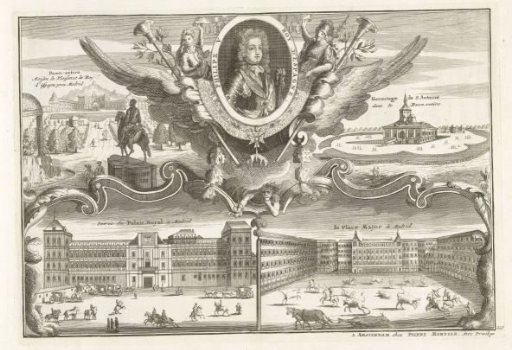Royal Palace in Madrid and portrait of King Philip V, ca. 1702
