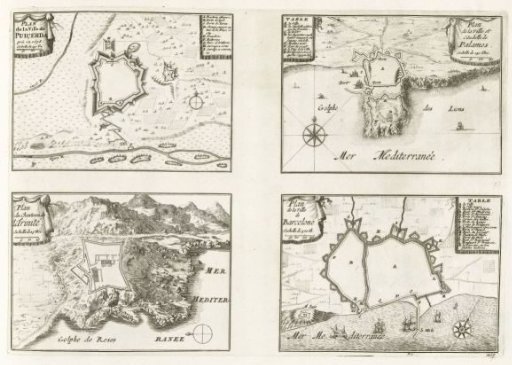 Plans of Puigcerdá, Palamos, Château de la Trinité and Barcelona, ca. 1702