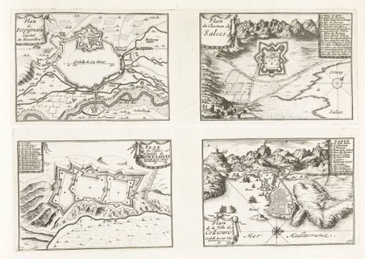 Plans of Perpignan, Salces, Mont-Louis and Collioure, ca. 1702