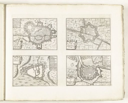 Maps of Tournai, Damme, Oudenaarde and Nieuwpoort, ca. 1702