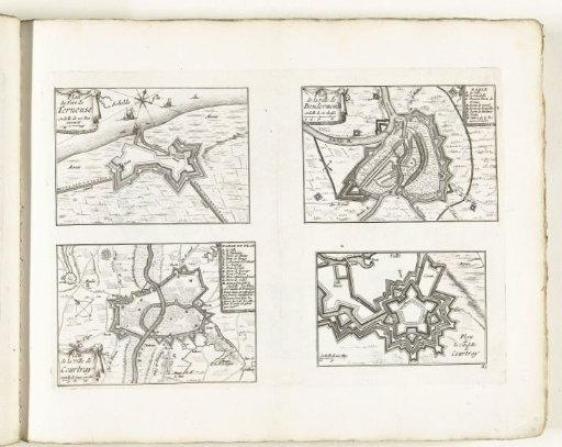 Maps of Terneuzen, Dendermonde, Kortrijk and the citadel of Kortrijk, ca. 1702