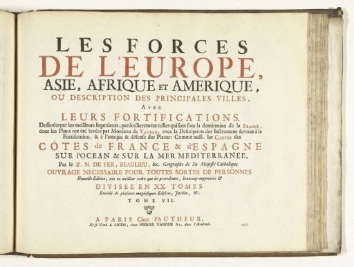 Title page for the print work: Les Forces de l'Europe, Asie, Afrique et Amerique (...) Comme aussi les Cartes des Côtes de France et d'Espagne (part VII), 1726