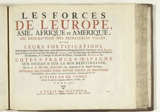 Title page for the print work: The Forces of Europe, Asia, Africa and America (...) Also the Maps of the Coasts of France and Spain (Part XVI), 1726