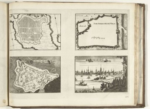 Plans and view of the forts of Asso, Vólos, Zante, and Negropont, 1726