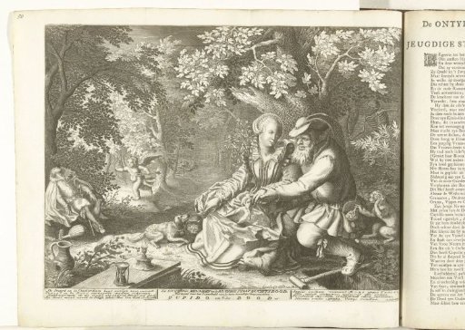 Death and Cupid shoot each other's arrows and an old man courts a young woman, ca. 1707-1708