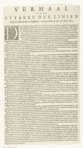 Text sheet accompanying the map of the breaking through of the French lines in Brabant (left half), 1705