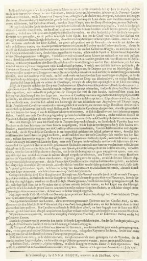 Text sheet accompanying the map of the breaking through of the French lines in Brabant (right half), 1705