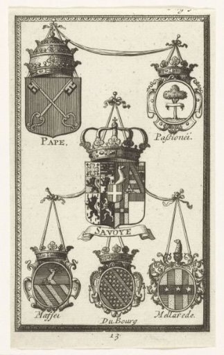 Arms of the plenipotentiaries of the Pope and of Savoy at the peace negotiations at Utrecht (no. 13), 1712-1713