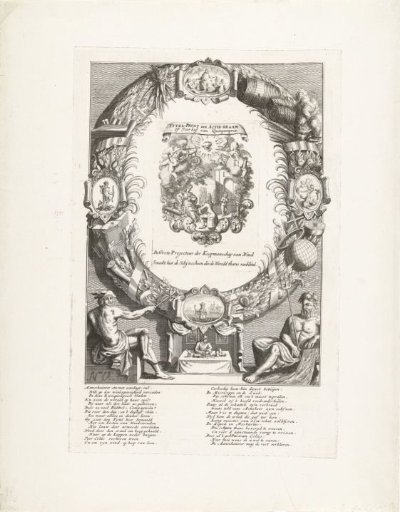Title Print of the Actiekraam or the Forecourt of Quinquenpoix, 1720