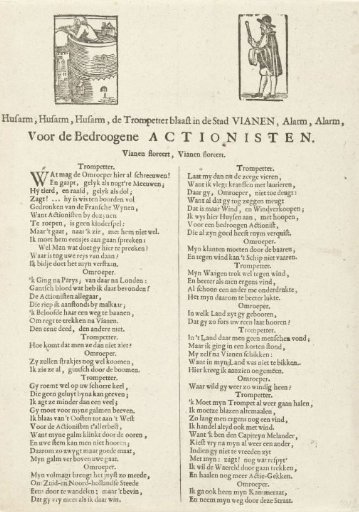 Husarm, Husarm, Husarm, the trumpeter blows in the city of Vianen, Alarm, Alarm, for the cheated stock speculators, 1720