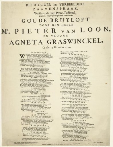 Explanation accompanying the commemorative plate for the golden wedding anniversary of Pieter van Loon and Agneta Graswinckel, 1722