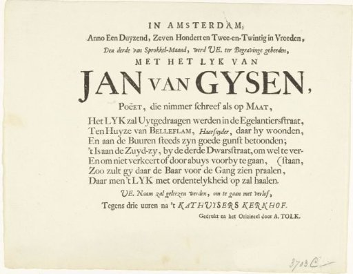 Invitation to the funeral of Jan van Gijsen