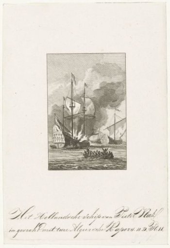 The ship of Pieter Vlak in battle with two Algerian corsairs, 1723