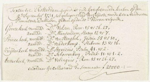 Account of the proceeds from collections for the expelled Piedmontese, 1731