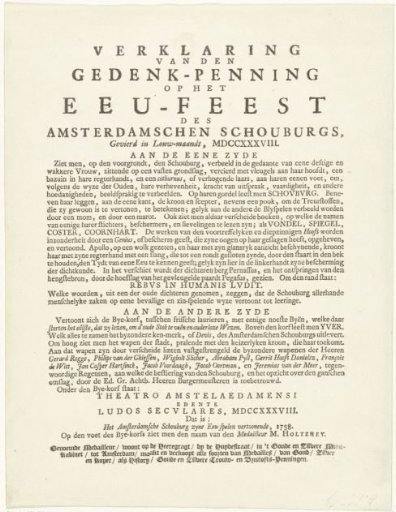 Explanation of the medal on the centenary of the Amsterdam Schouwburg, 1738