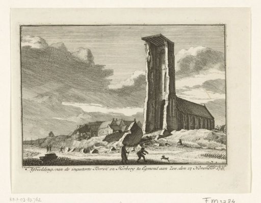 View of the collapsed tower and inn at Egmond aan Zee, 1741