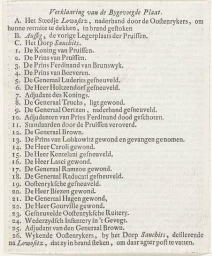 Explanation accompanying the print of the Battle of Lobositz, 1756