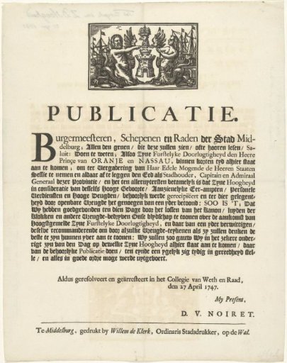 Proclamation on the Reception of William IV in Middelburg, 1747