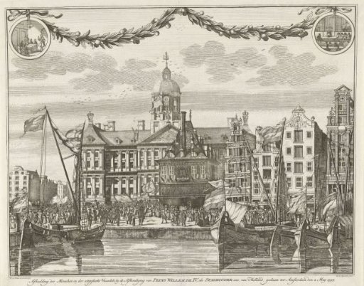 Dam with Town Hall and Waag and the unfurled flags at the proclamation of William IV as stadtholder, 2 May 1747