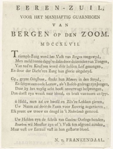 Poem on the Defense of Bergen op Zoom against the French, 1747