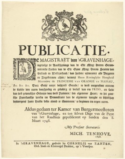 Permission for Illumination on the Birth of Prince William V, 1748
