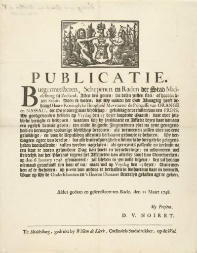 Announcement of the Fireworks in Middelburg on the Occasion of the Birth of the Prince of Orange, 1748