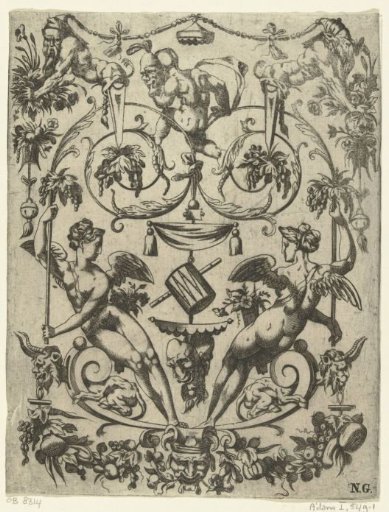 At the bottom sit two winged women on a double volute