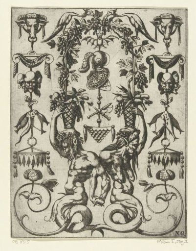 In the middle below sit back to back a male and female satyr