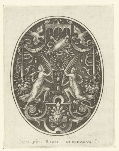 Two women kneeling under a trophy of arms