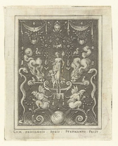 Venus with Cupid between four burning hearts