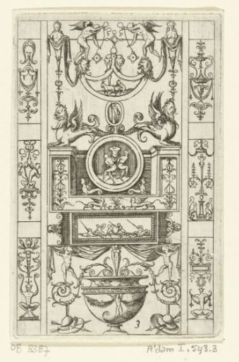 Candelabrum, flanked by six small flat decorations with grotesques