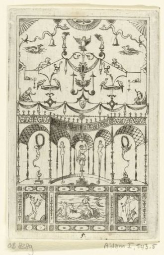 On a pedestal, decorated with Mercury, Neptune and Venus from left to right, stand herms