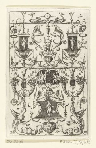 Candelabrum, at the bottom a vase stands between fish tails