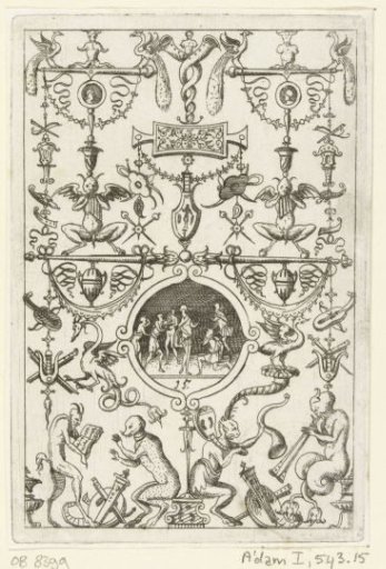 Candelabrum, at the bottom four satyrs with musical instruments