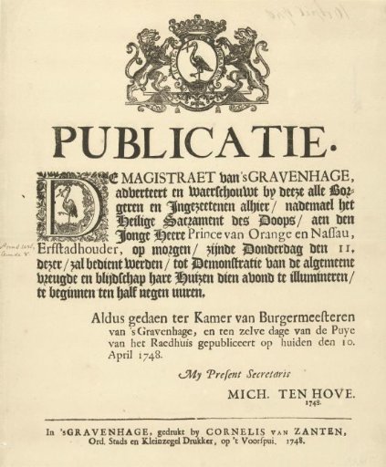 Call to illuminate on the occasion of the baptism of Prince William V, 1748