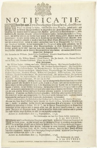 Proclamation of the Removal of Several Members of the Amsterdam City Council, 1748